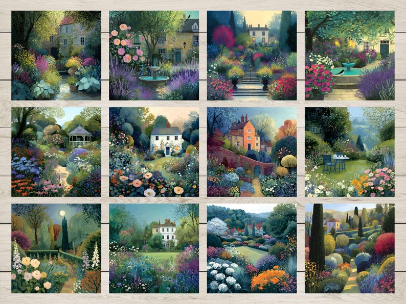 May include: A collection of twelve watercolor paintings depicting serene garden scenes. Each painting showcases colorful flowers, lush greenery, and charming houses or structures, creating a tranquil and picturesque atmosphere.