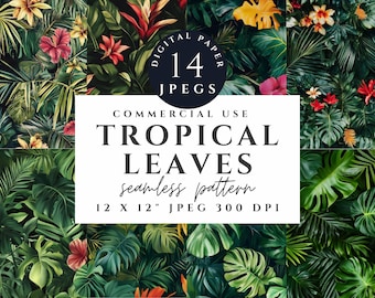 Tropical Leaf Seamless Pattern | Jungle Foliage, Hibiscus (Digital Download)