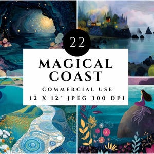 Art côtier, scène d'océan, art de plage, paysage de bord de mer | Illustrations colorées pour la fabrication de cartes, le scrapbooking, la sublimation 12 x 12" JPEG