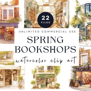 Spring Bookshop Clipart, Cozy Bookstore Illustrations, Vintage Library Watercolor, Cottagecore Reading Art, Book Lover, Bookish Art