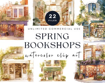 Spring Bookshop Clipart, Cozy Bookstore Illustrations, Vintage Library Watercolor, Cottagecore Reading Art, Book Lover, Bookish Art