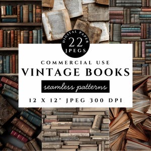 May include: A collage of vintage books and open pages in various arrangements. The image includes a bookshelf, stacks of books, and open books, with a central graphic that reads "VINTAGE BOOKS seamless patterns 12 X 12" JPEG 300 DPI".
