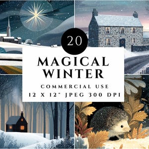 Paysages d'hiver, forêt enneigée, art chaleureux, hiver magique, animaux de la forêt, illustrations pour la fabrication de cartes, scrapbooking, sublimation