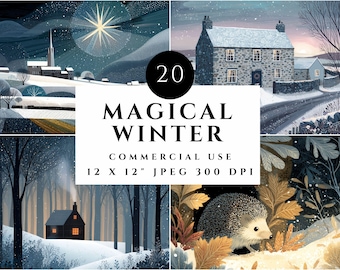 Winter Landscape Clipart, Snowy Forest Illustrations (Digital Download)