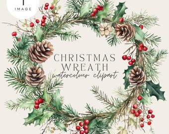 Christmas Watercolor Wreath - Winter Wreath Clipart - Watercolor Christmas Greenery - Christmas Cards, decor