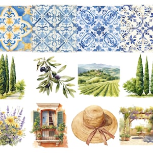 May include: A digital collage of watercolor illustrations featuring Italian-inspired imagery. The collage includes blue and white patterned tiles, cypress trees, olive branches with olives, a Tuscan landscape with rolling hills, a window with shutters, a straw hat, and a garden scene with a pergola.