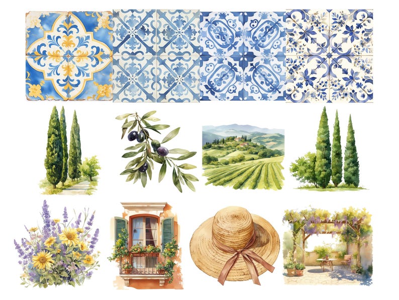 May include: A digital collage of watercolor illustrations featuring Italian-inspired imagery. The collage includes blue and white patterned tiles, cypress trees, olive branches with olives, a Tuscan landscape with rolling hills, a window with shutters, a straw hat, and a garden scene with a pergola.