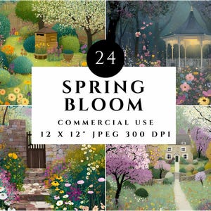 Clipart paysage de jardin printanier | Art Cottagecore | Illustrations colorées pour la fabrication de cartes, le scrapbooking, la sublimation 12 x 12" JPEG