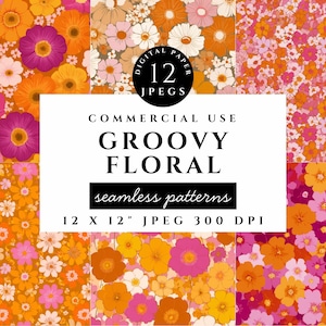 May include: A collection of twelve digital paper seamless patterns featuring floral designs in shades of orange, pink, yellow, and white. The text reads: 12 JPEGS, COMMERCIAL USE, GROOVY FLORAL, seamless patterns, 12 X 12" JPEG 300 DPI.