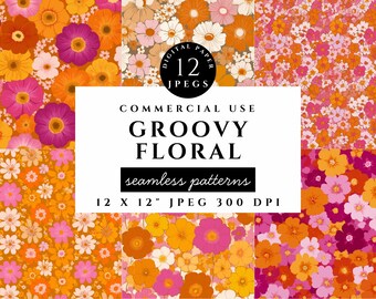 Groovy 60s Floral Digital Paper, Orange Pink Retro, Seamless Patterns (12x12" JPEG)