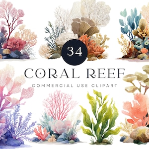 Akvarell korallrev Clipart | Marina illustrationer (digital nedladdning)