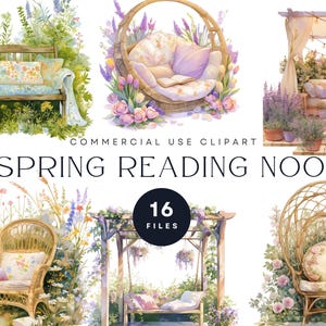 Frühling Garten Leseecke Clipart Bundle - gemütliche florale Ästhetik - digitale Download DIY-Projekte - Blumenbuch-Liebhaber - Frühling Cottagecore