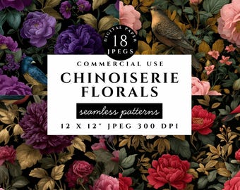 Chinoiserie Floral Digital Paper, Peonies and Birds Pattern (JPEG Digital Download)