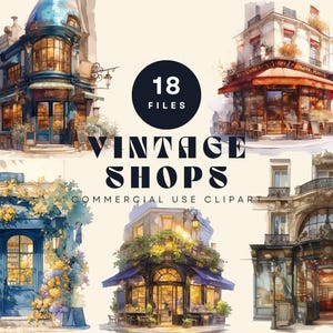 Vintage Shops Clipart Set | Watercolor Storefront Illustrations | Commercial Use Digital Download | Bookshop, Florist, Perfumier