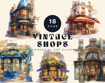 Vintage Shops Clipart Set | Watercolor Storefront Illustrations | Commercial Use Digital Download | Bookshop, Florist, Perfumier
