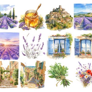 May include: A watercolor painting of a French countryside scene with lavender fields, a village, and a jar of honey. The painting is divided into 10 squares, each depicting a different aspect of the scene. The painting is a beautiful and evocative depiction of the French countryside.