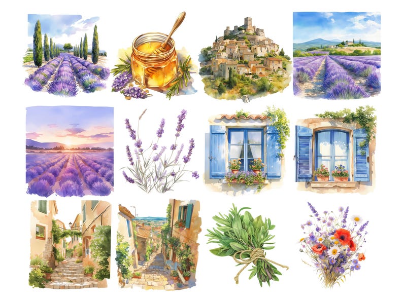 May include: A watercolor painting of a French countryside scene with lavender fields, a village, and a jar of honey. The painting is divided into 10 squares, each depicting a different aspect of the scene. The painting is a beautiful and evocative depiction of the French countryside.