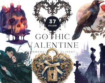 Ensemble de cliparts gothiques pour la Saint-Valentin – Illustrations romantiques sombres (PNG, téléchargement numérique)