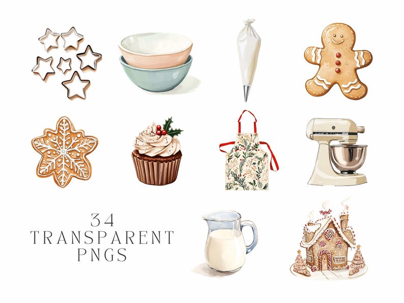 May include: A set of 34 watercolor illustrations of Christmas baking supplies, including a gingerbread man, a gingerbread house, a cupcake, a snowflake cookie, a piping bag, a mixing bowl, a measuring cup, a kitchen apron, and a stand mixer.