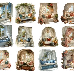 May include: Watercolor illustrations of cozy window seats with draped curtains, pillows, and floral arrangements. Each scene features a different color palette, including blues, pinks, and creams, creating a romantic and inviting atmosphere. The images evoke a sense of tranquility and comfort.