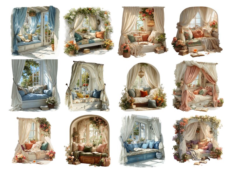 May include: Watercolor illustrations of cozy window seats with draped curtains, pillows, and floral arrangements. Each scene features a different color palette, including blues, pinks, and creams, creating a romantic and inviting atmosphere. The images evoke a sense of tranquility and comfort.