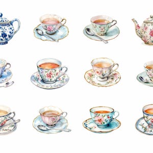 May include: A collection of teacups and teapots with floral patterns. The teacups are filled with tea and are sitting on saucers. The teapots are decorated with flowers and have a vintage look.
