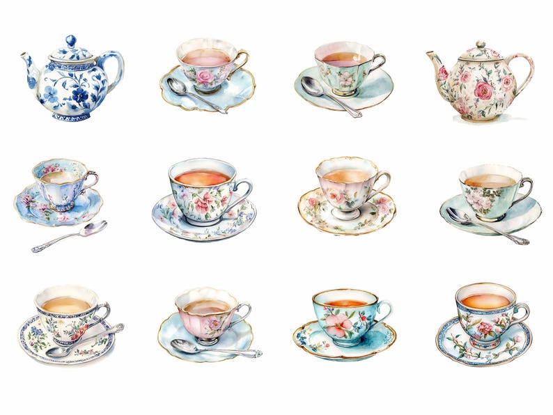 May include: A collection of teacups and teapots with floral patterns. The teacups are filled with tea and are sitting on saucers. The teapots are decorated with flowers and have a vintage look.