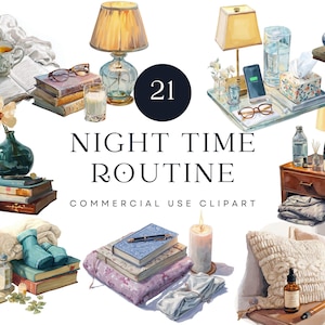 Bedtime Clipart for Journaling and Self Care | Cozy Night Routine Illustrations | Relaxing Evening Digital Art