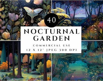 Nocturnal Garden Illustrations, Moonlit Botanical Scenes (JPEG 12x12", Digital Download)