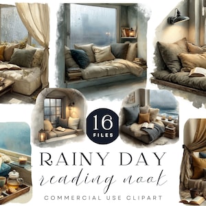 Rainy Day Reading Nook Clipart | Cozy Window Seat with Books and Tea | Overcast Hygge Interior Scene | Cloudy Day Digital Home Decor