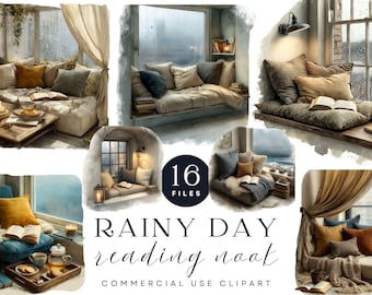 Rainy Day Reading Nook Clipart | Hygge Watercolor Interior (Digital Download)