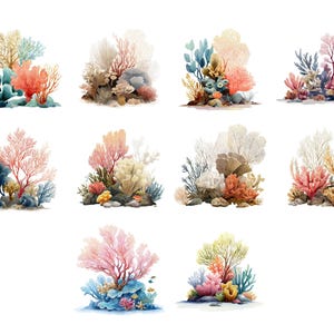 May include: Watercolor illustrations of coral reefs in various colors, including orange, pink, blue, and yellow. The coral formations are depicted with intricate details, set against a white background, and suitable for ocean-themed decor.