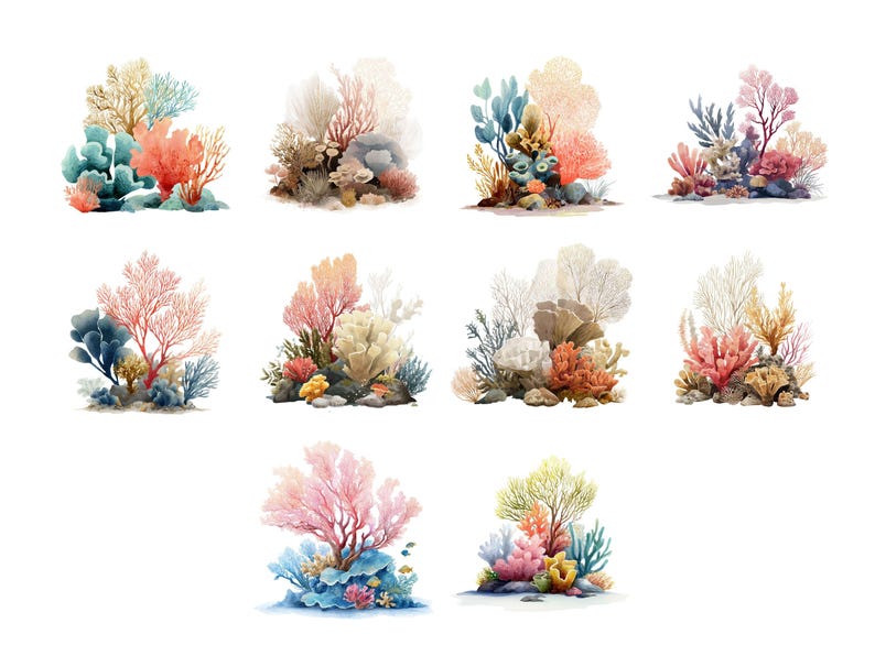May include: Watercolor illustrations of coral reefs in various colors, including orange, pink, blue, and yellow. The coral formations are depicted with intricate details, set against a white background, and suitable for ocean-themed decor.