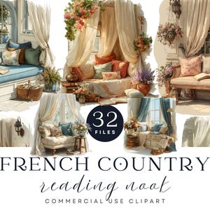 Clipart di angolo lettura in stile country francese / Elegante arte da finestra in cottage / Decorazione floreale vintage per la casa / Stile romantico e morbido per gli interni