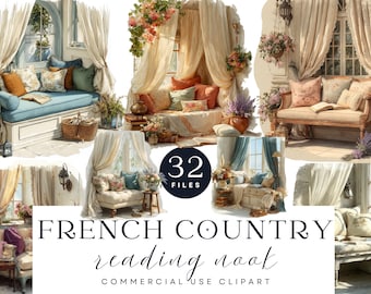 French Country Reading Nook Clipart | Vintage Cottage Interiors (Digital Download)