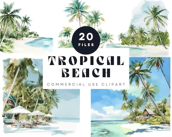 Watercolor Tropical Beach Clipart – Paradise Island PNG (Digital Download)