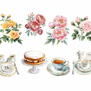May include: A watercolor painting of a tea party scene with a cake, teacups, and saucers, and floral arrangements of yellow roses, pink peonies, and pink roses.
