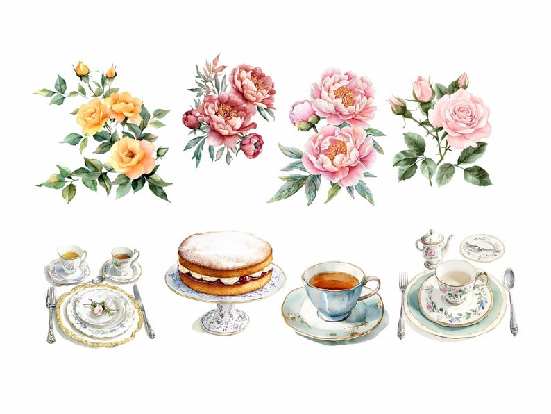 May include: A watercolor painting of a tea party scene with a cake, teacups, and saucers, and floral arrangements of yellow roses, pink peonies, and pink roses.