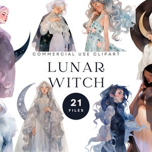 Lunar Witch Clipart-Bundle, mystische Mondfrauen PNGs, Celestial Boho Digital Art, feminine Hexenästhetik, hochauflösende transparente Bilder
