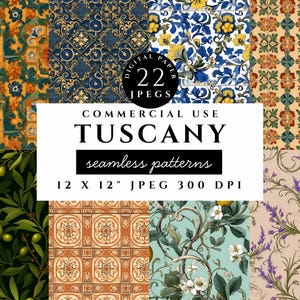 Papier numérique Toscane, motifs de carreaux italiens sans couture, clipart floral olive citron, arrière-plans méditerranéens rustiques, art de la vigne