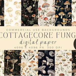 Cottagecore Fungi Digital Paper - Motivi di funghi, sfondi botanici vintage, download digitale, uso commerciale, motivo senza soluzione di continuità