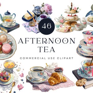 May include: A watercolour illustration featuring an afternoon tea theme, with teacups, cakes, and floral decorations. The image includes the text "AFTERNOON TEA" and "COMMERCIAL USE CLIPART". The colour scheme is soft, with pastel shades.