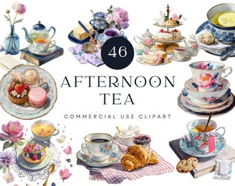 Vintage Afternoon Tea Clipart | Cottagecore Teacups, Cakes (Digital Download)