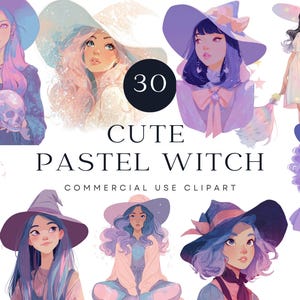 Pastel Witch Clipart | Cute Witchy Girl Illustrations | Kawaii Halloween Aesthetic | Magical Witchcore Art | Soft Goth Anime Fantasy