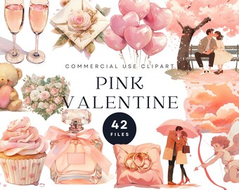 May include: Pink Valentine's Day clip art set with 42 watercolor illustrations. Includes hearts, flowers, a teddy bear, a cupcake, perfume bottle, wedding rings, a couple under an umbrella, and a cupid with an arrow.