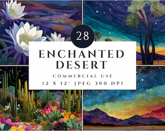 Enchanted Desert Digital Paper, Colorful Landscape Illustrations (JPEG 12x12", Digital Download)