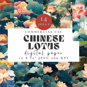 May include: A digital paper pack featuring 14 seamless patterns of Chinese lotus flowers in shades of pink, blue, and gold. The patterns are 12 inches by 12 inches and 300 DPI.