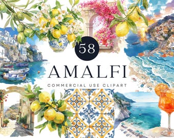 Amalfi Coast Watercolor Clipart, Mediterranean Lemon, Italian Tiles (Digital Download)