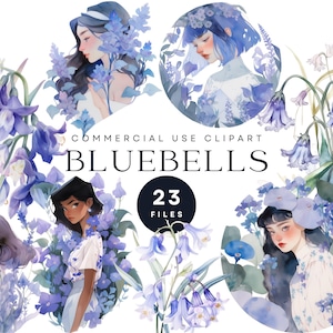 Pacote de clipart de flores Bluebell - Ilustrações florais em aquarela - Moda e estilo feminino - PNGs digitais para uso comercial