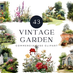 Clipart de Jardim Vintage | Ilustração de Jardim de Casa de Campo | Clipart de Estufa | Arte em Arco Floral | PNG de Jardim Inglês para Artesanato